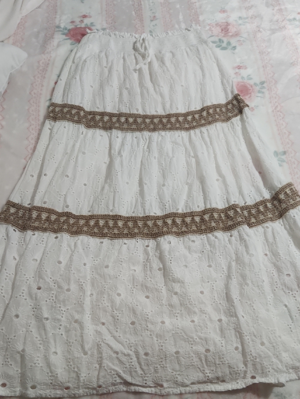 White Maxi Skirt with Brown Lace Trim
